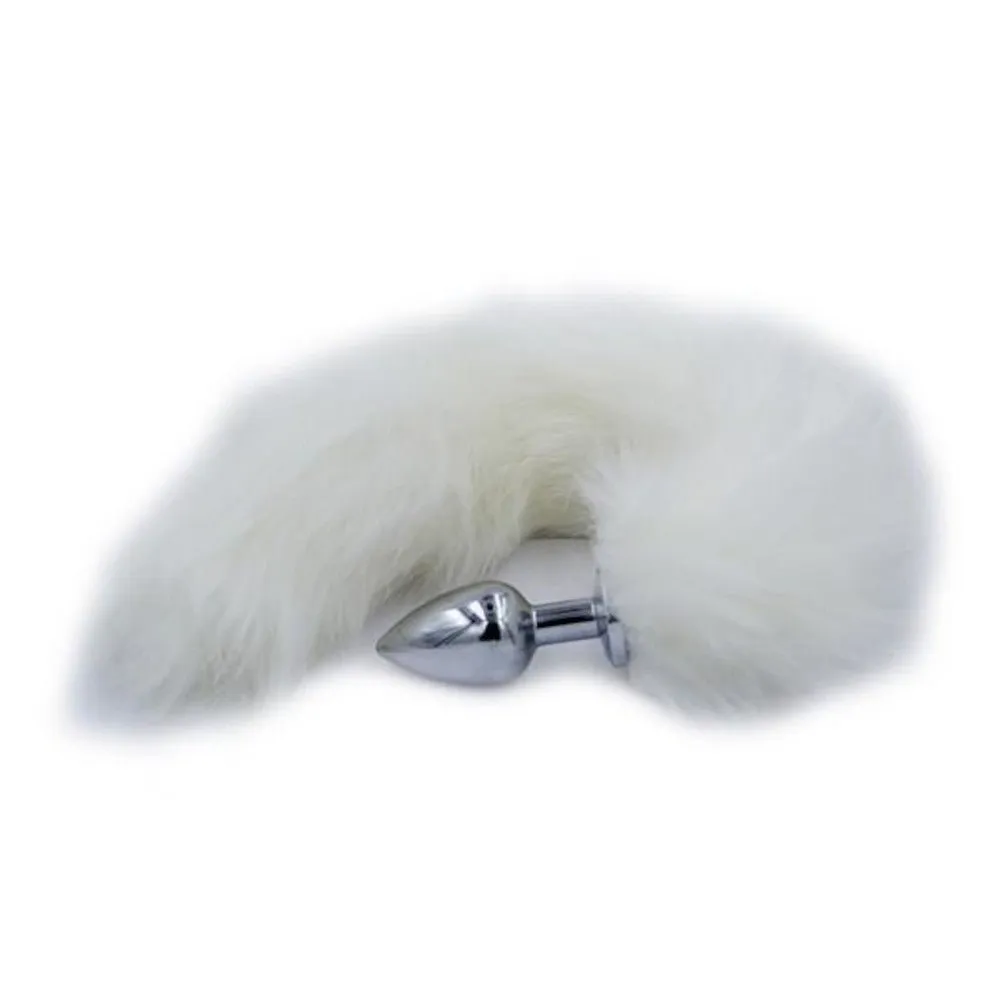 16" White Fox Tail Metal Plug