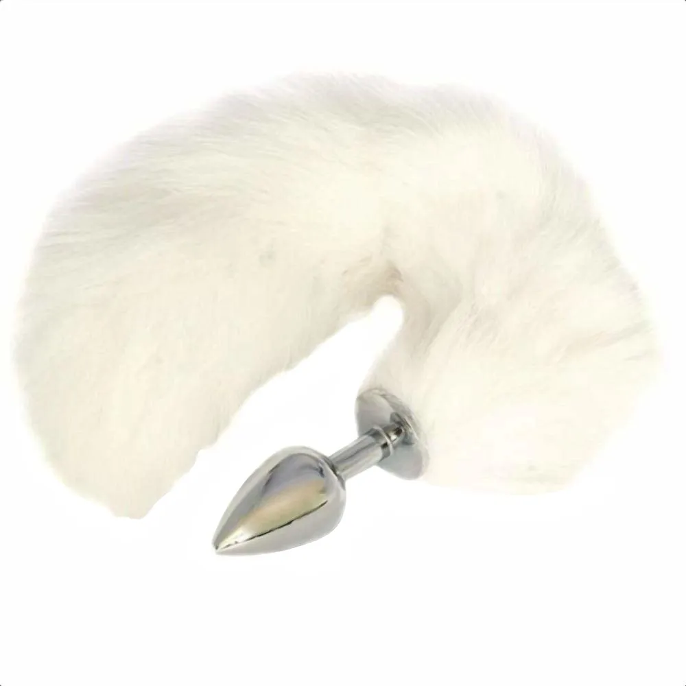 16" White Fox Tail Metal Plug