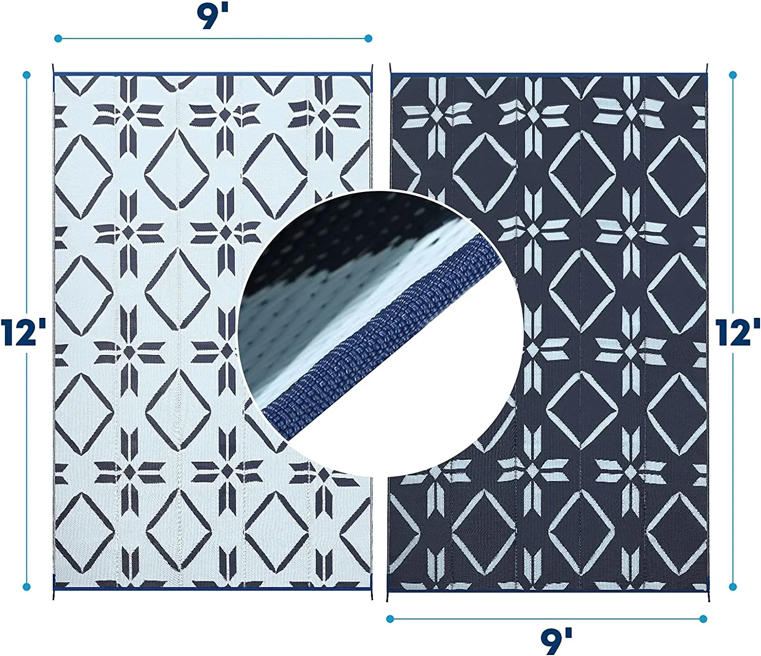 Reversible RV Outdoor Mats 9' x 12', Blue