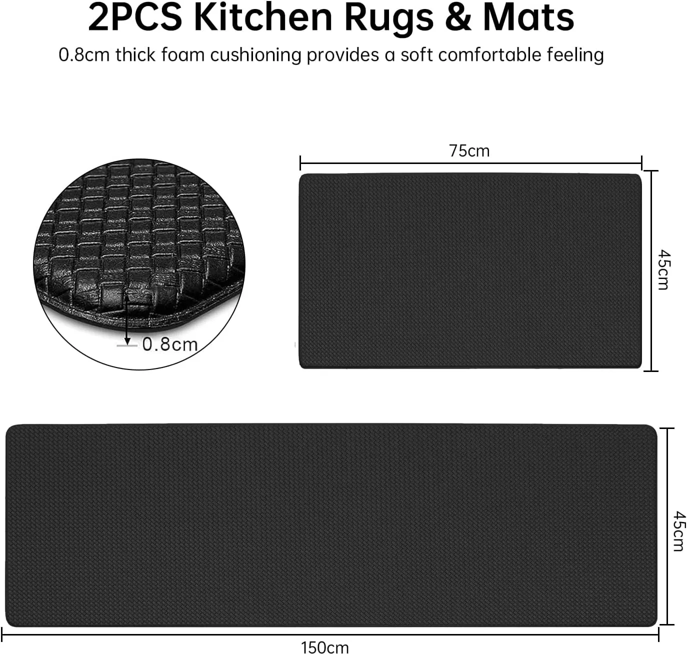 Roccar Kitchen Rugs and Mats, Anti Fatigue Waterproof for Kitchen, Office & Garage，Non Skid Standing Kitchen Rug 2 Piece —（44x75cm 44x150cm）